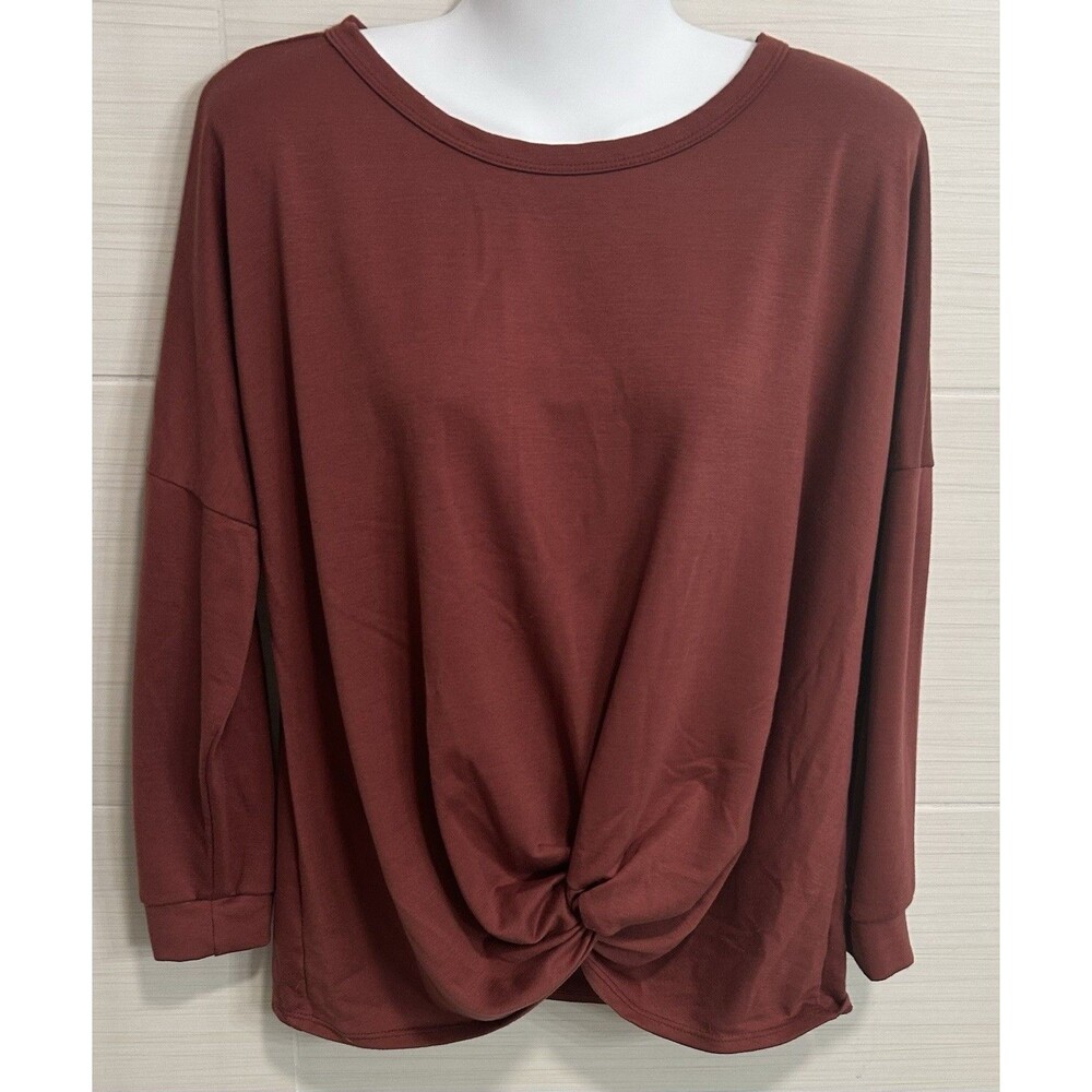 Andree by Unit Brick Red Knotted-Front Long Sleeve Knit Top M, Soft Comfy Casual